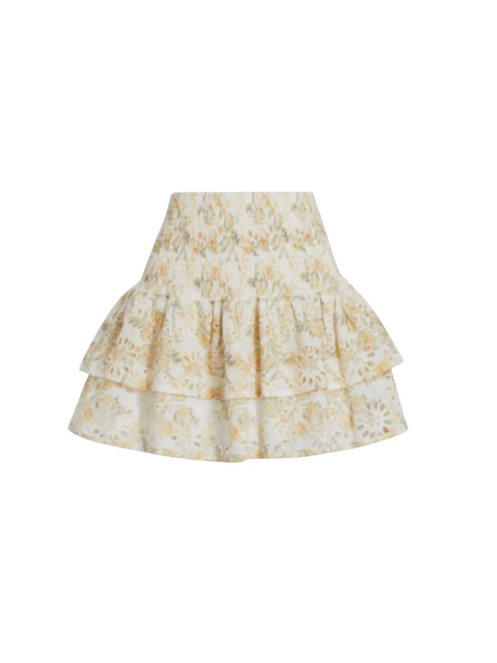 En Saison Smocked Floral Eyelet Mini Skirt Womens Small Yellow White Tiered Boho